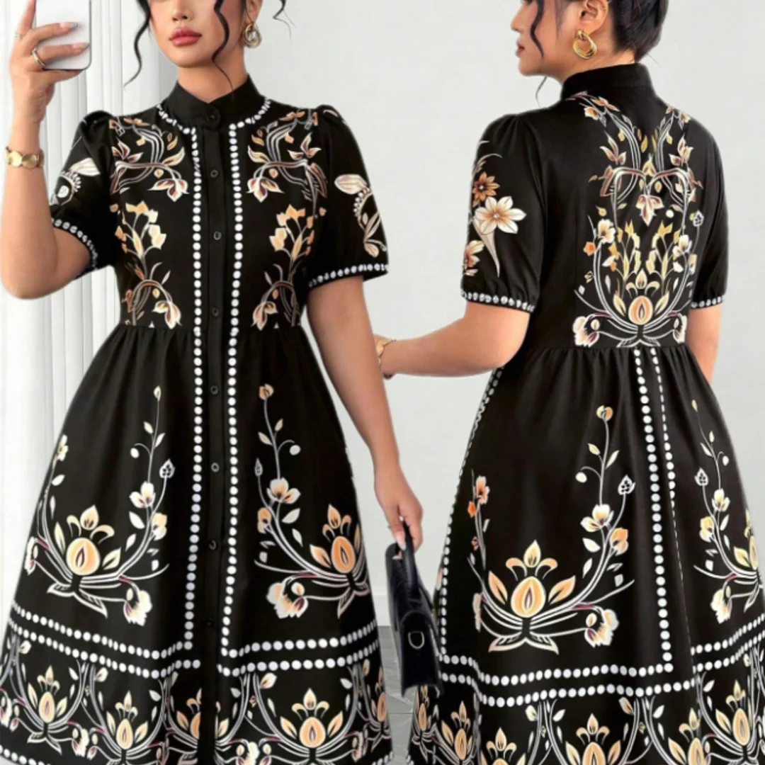 

Plus Size Floral Print A-Line Midi Dress Women Mandarin Collar Puff Sleeve Button Front Vintage Dress