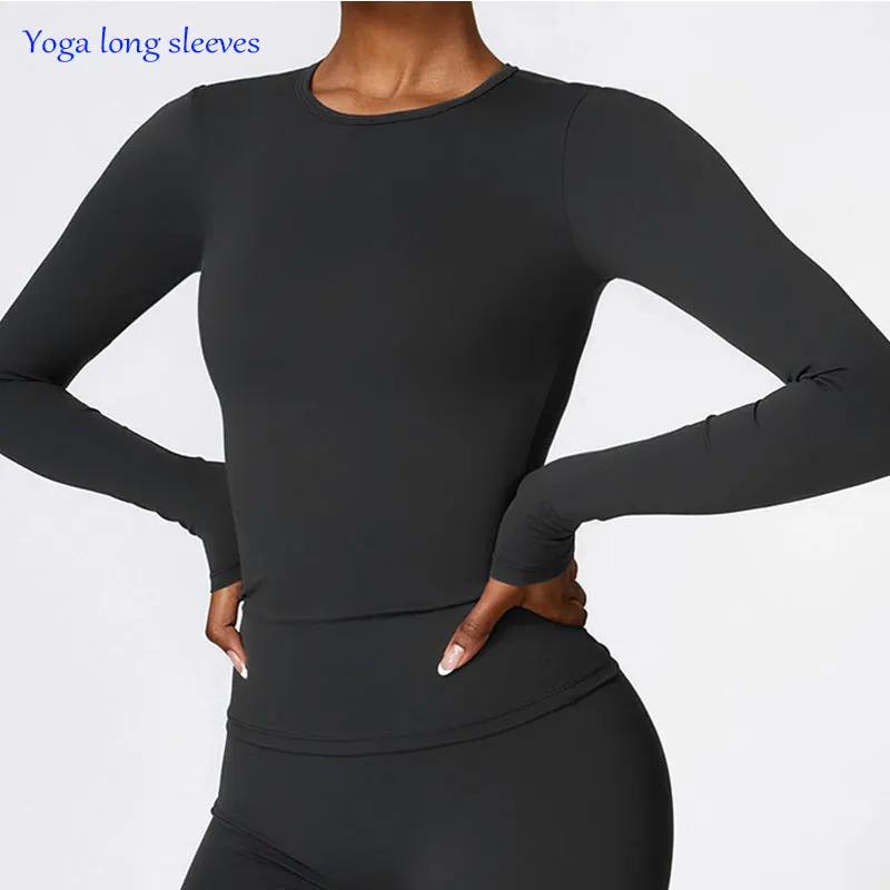 Camisetas de Yoga para mujer, Top deportivo sólido de manga larga para gimnasio, entrenamiento, correr, Sexy, ombligo expuesto, secado rápido, ropa