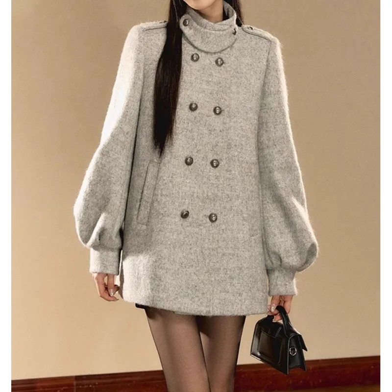 معطف صوفي كوري عالي الجودة بأكمام واسعة من الذهب للنساء لشتاء 2025 معطف صوفي مزدوج الصدر بمزاج جديد #5