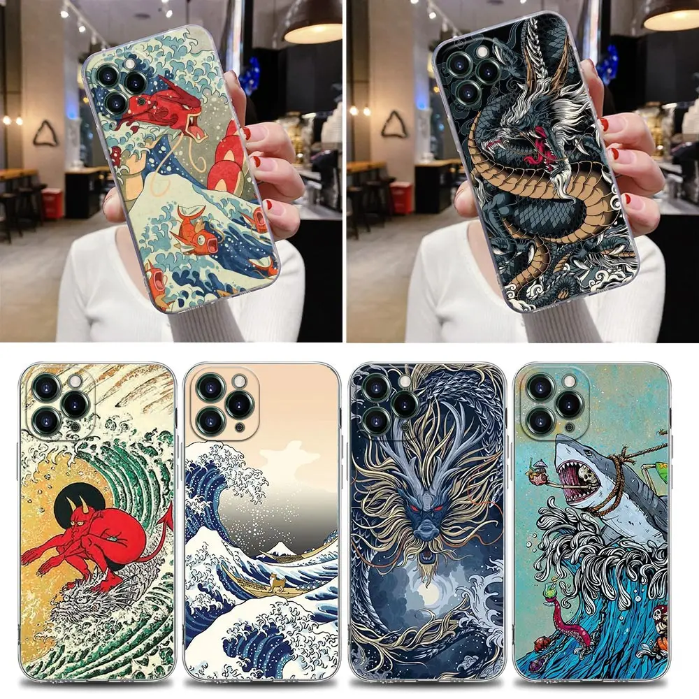 Hokusai The Great Wave Anime Dragon Clear Case For iPhone 16 15 14 13 12 11 Pro Max Mini Xs X 7 8 Plus Soft Cover Silicone Cases