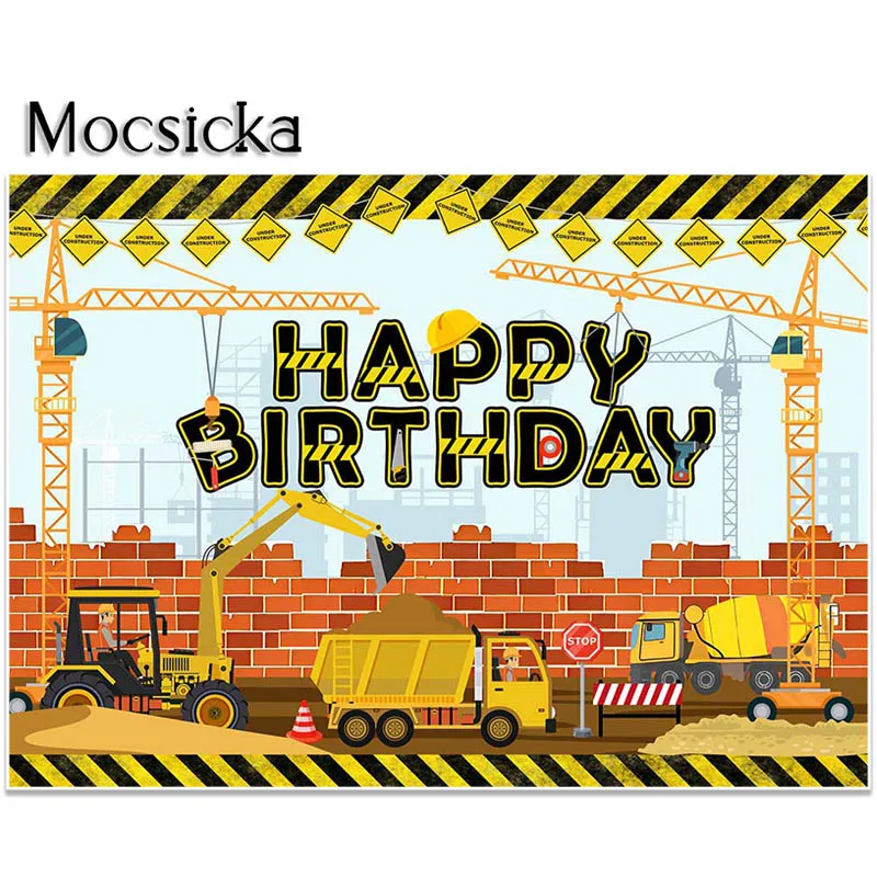Mocsicka ก่อสร้างธีมงานเลี้ยงวันเกิดการถ่ายภาพฉากหลังสำหรับเด็กรถบรรทุกการถ่ายโอนข้อมูลวันเกิดพื้นหลังเค้กตกแต่งตาราง