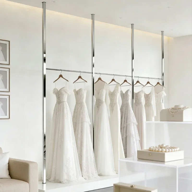 Stainless Steel Wedding Dress Display Rack Floor Standing Clothes Hanger Rod Studio Gown Hanging Shelf for Xiuhe Suit