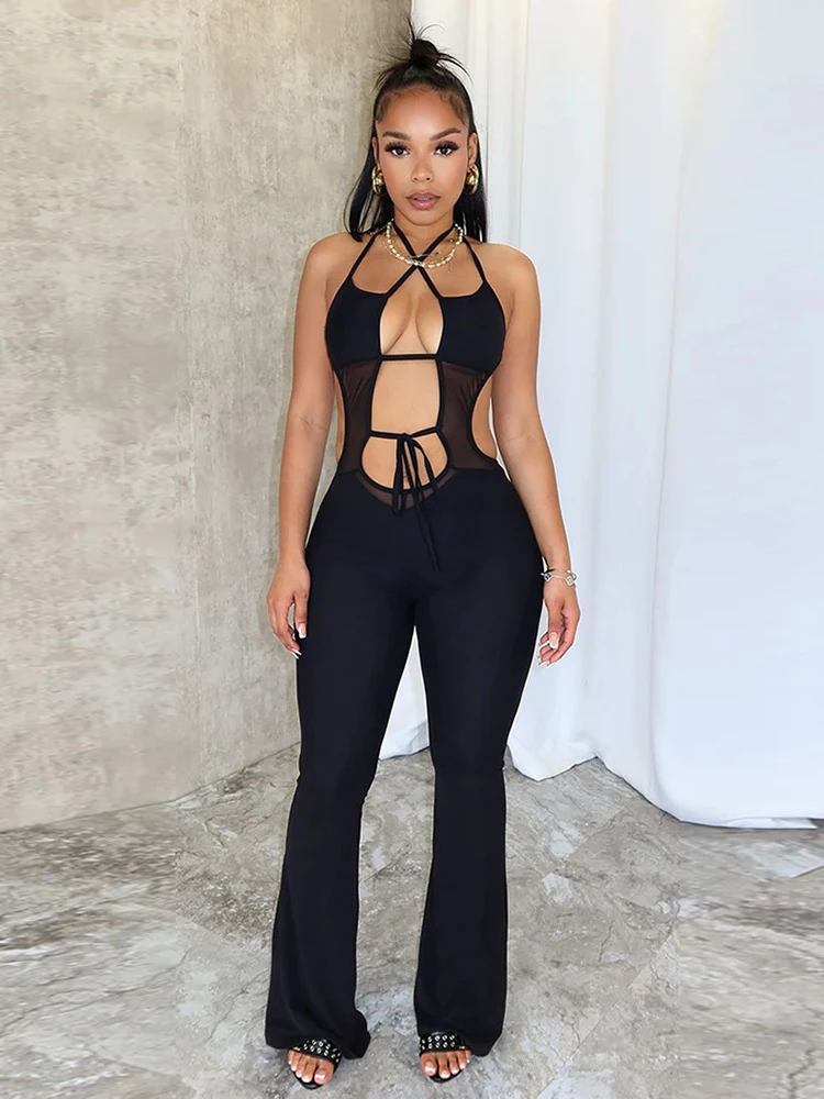 

Sibybo Sexy Sleeveless Frenum Backless Jumpsuit Basics Splice See Through Gauze Flared Trousers 2024 Summer Spicy Girl Pants