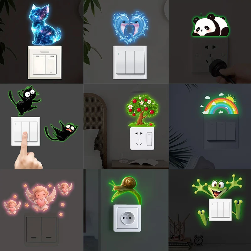 Glow-in-the-Dark Switch Sticker, Frog & Cat Design for Easy Night Finding, Removable PVC Decoration for Bedroom, Bathroom, Home