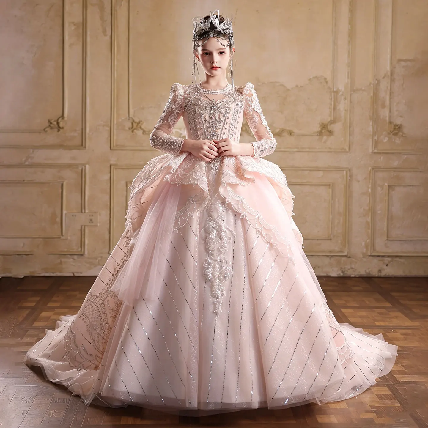 Jill Wish J016 Luxury Pink Flower Girl Dress Long Sleeve Lace Sequin Ball Gown Kids Wedding Party Gowns Children Pageant Evening