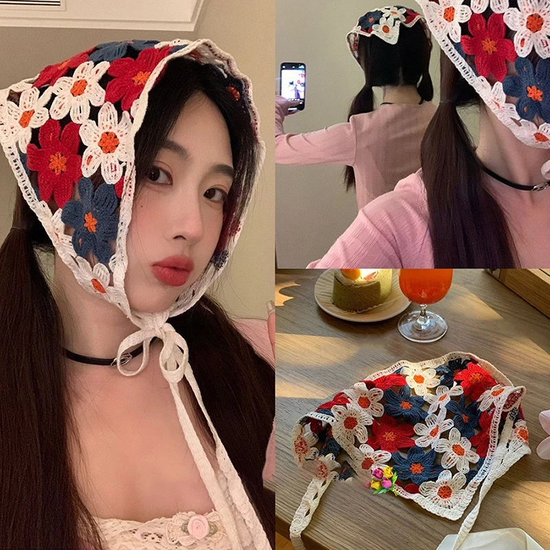 ถักสามเหลี่ยมแถบคาดศีรษะแฟชั่น Handmade โครเชต์ดอกไม้เล็กๆ Headscarf หมวกภาษาฝรั่งเศสคําสไตล์ Pastoral แถบคาดศีรษะผ้าเช็ดตัวหญิง