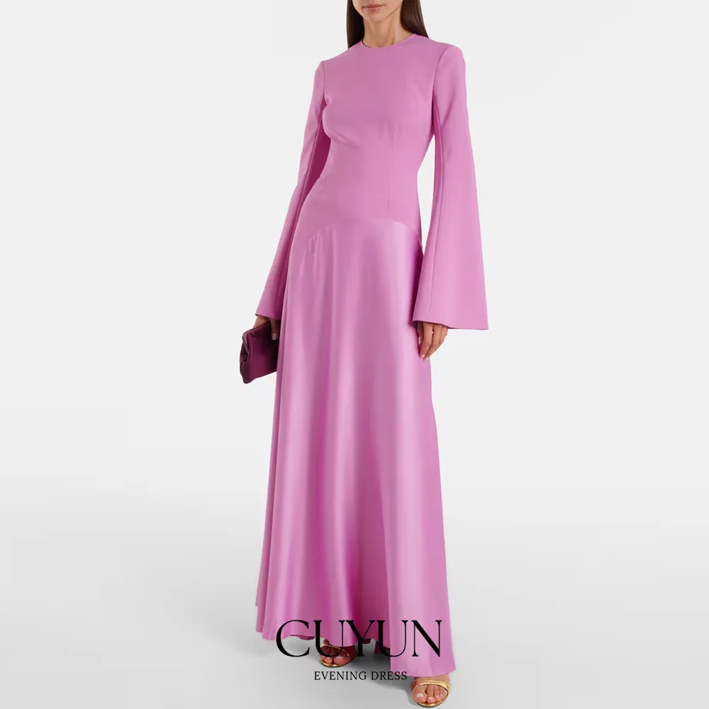 CUYUN O-Neck Long Sleeves Modest Evening Dresses A Line Women Long Prom Gown Customized Saudi Wedding Party Dress for Guest
