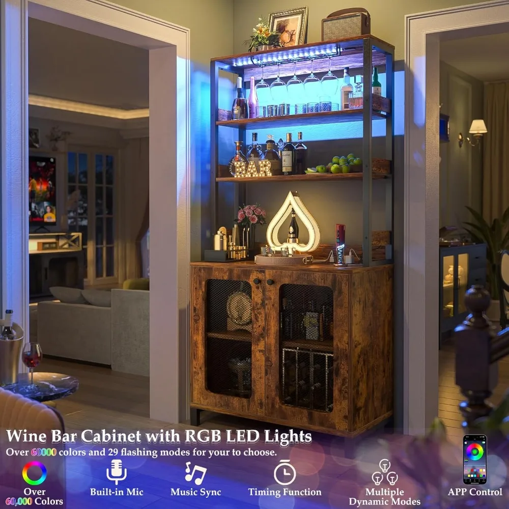 Armadietto da bar con prese di corrente, armadietto per vini da 67 pollici di altezza, armadietto per liquori con luci a LED e supporto in vetro