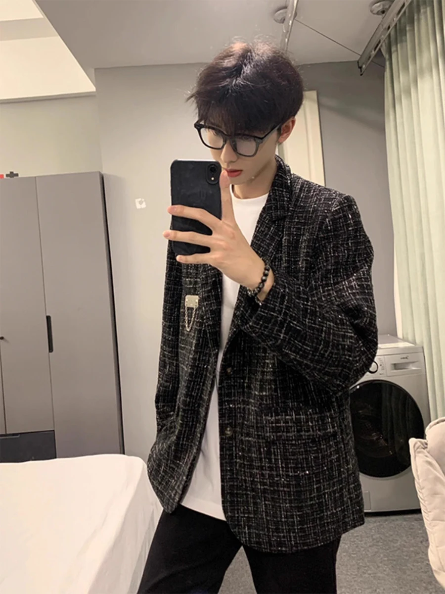 

Мужской повседневный клетчатый пиджак Bla для осени и зимы, свободный крой, из полиэфирного волокна, с длинными рукавами, на двух пуговицах, однобортный