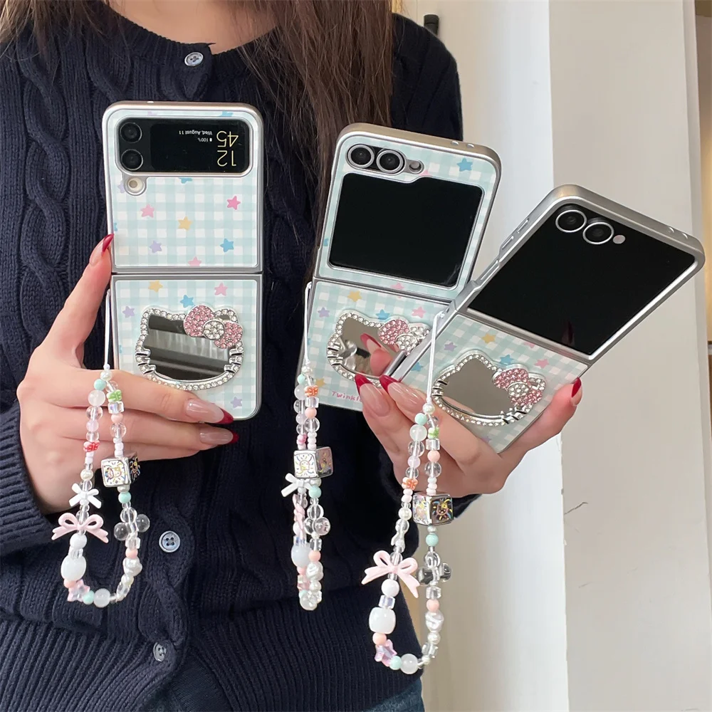 

Korean Plaid Star Phone Case With Mirror for Samsung Z Flip7 6 5 4 3 Flip6 7FE Flip7 Flip5 Cover with Chain Cute Hellokitty Case