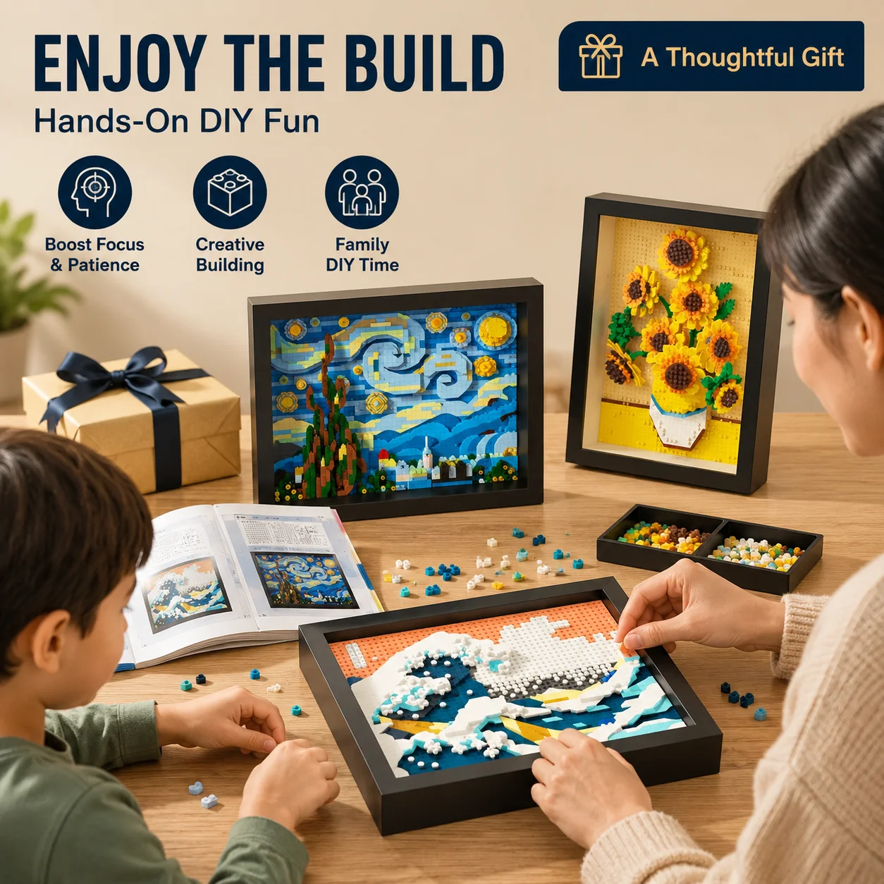 Creative World Famous Art Painting Night View Starlit Van Gogh Sunflowers Galaxy Kanagawa Block Christmas Birthday Gift - view 6