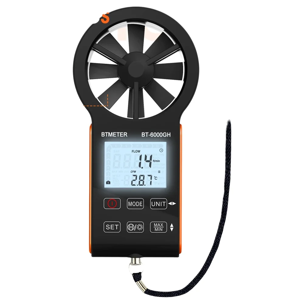 Anemometr CFM do pomiaru przepływu powietrza w systemach HVAC, zasilany akumulatorowo, zakres 0,3–30 m/s, miernik prędkości wiatru, z funkcją pomiaru temperatury, zasilanie przez port USB typu C, — 2