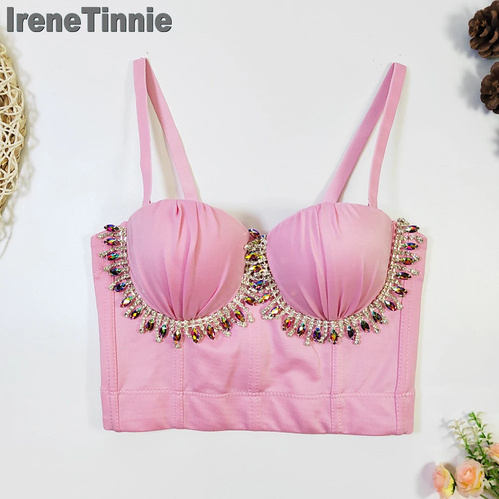 IRENE TINNIE Fashion Lady Nightclub Colored Rhinestone Bustier Y2K Glitter Gemstone Push Up Camisole Shapewear Top Ropa De Mujer