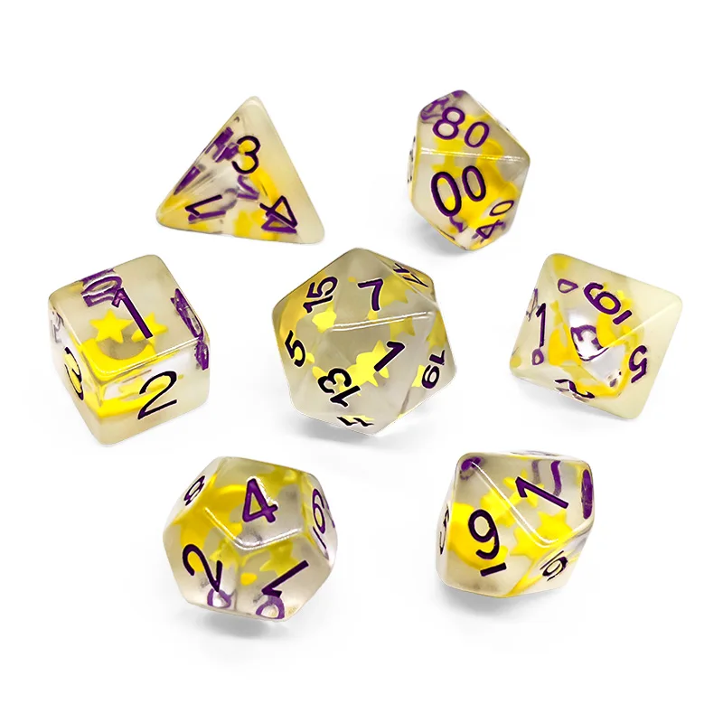 7 قطعة/المجموعة مضيئة نرد متعدد السطوح نجوم القمر الراتنج مجموعة نرد عدد الزينة ل DND TRPG ألعاب مجلس ألعاب اكسسوارات