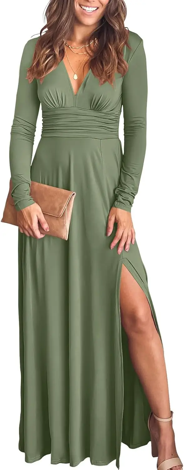 Vestido largo maxi para mujer, cuello en V profundo, manga larga, abertura, otoño 2025, elegante, formal, invitados de boda, cóctel, noche, fecha, graduación