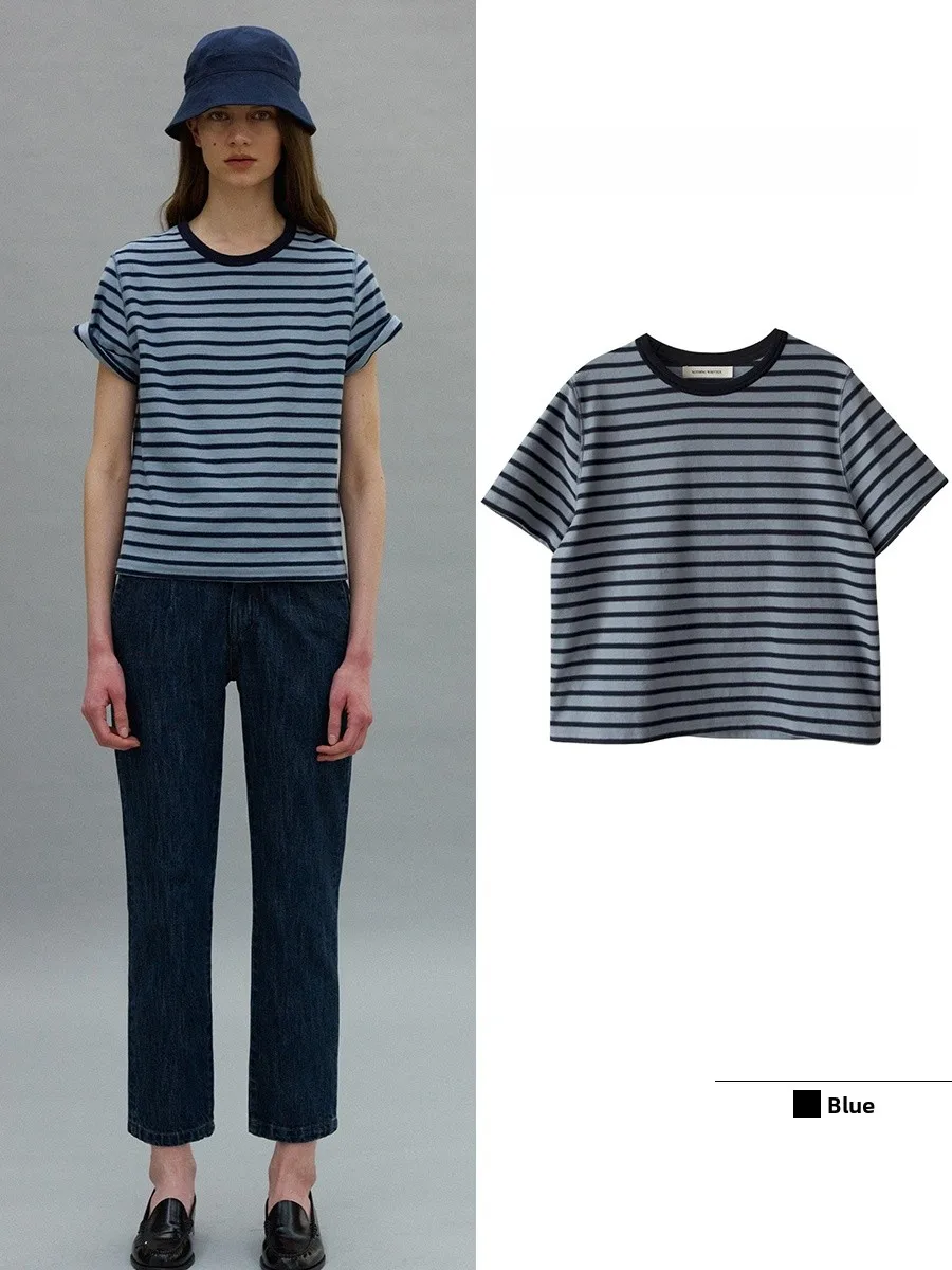 

Новая летняя женская футболка из чистого хлопка с коротким рукавом, вязаная в полоску, с круглым вырезом, в корейском стиле, для повседневной носки