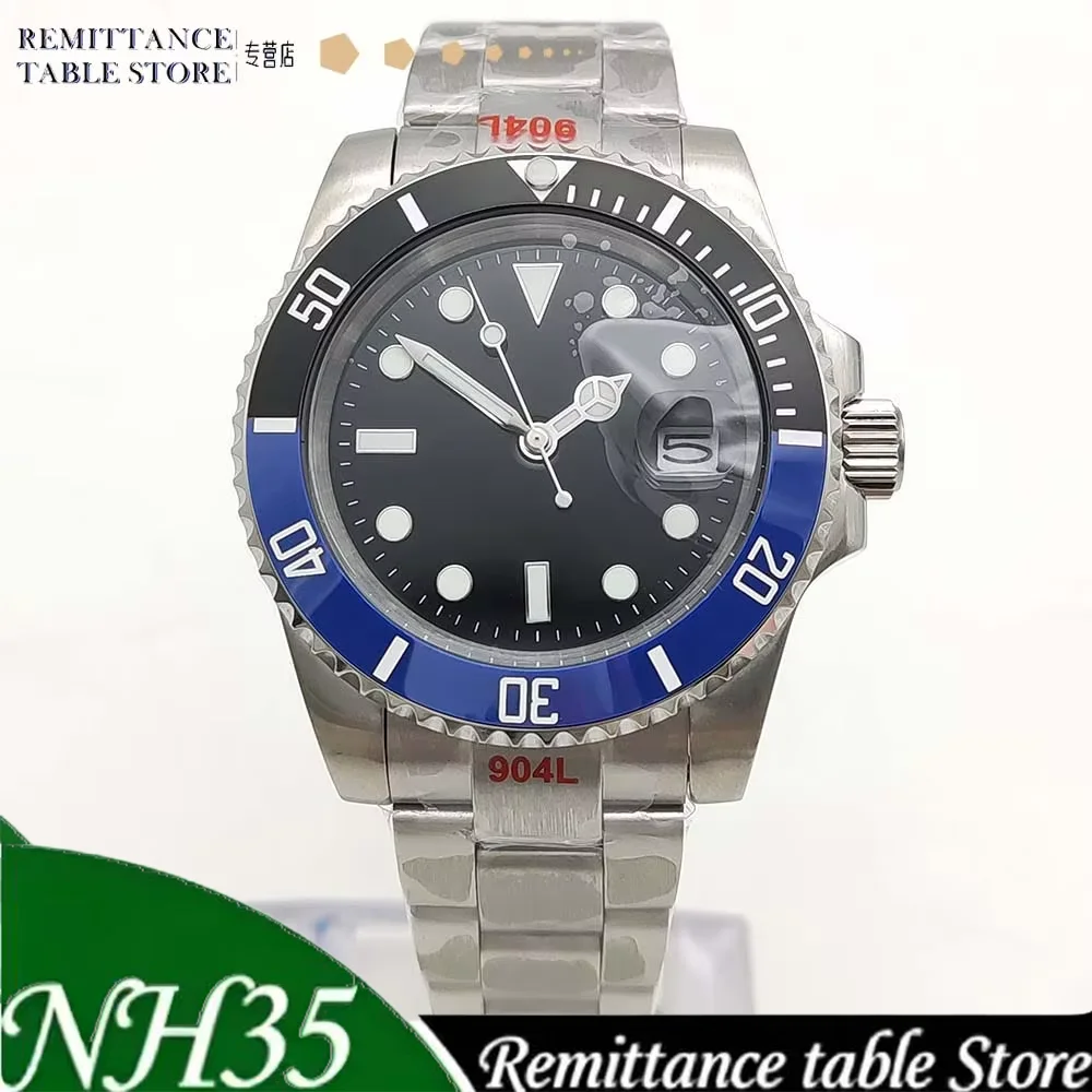 New Parnsrpe NH35 Men Sport Automatic Mechanical Watch 40mm Black Dial Blue Bezel Date Luminous 316L Stainless Steel Daily