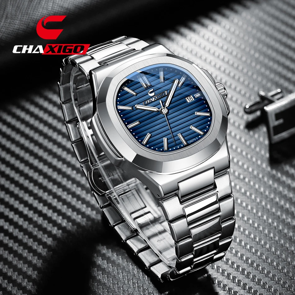 CHAXIGO Masculino Clássico Negócios Casual Pulseira de Aço Inoxidável Relógio de Quartzo Vidro Mineral Display Luminoso Relógio Vestido À Prova D 'Água