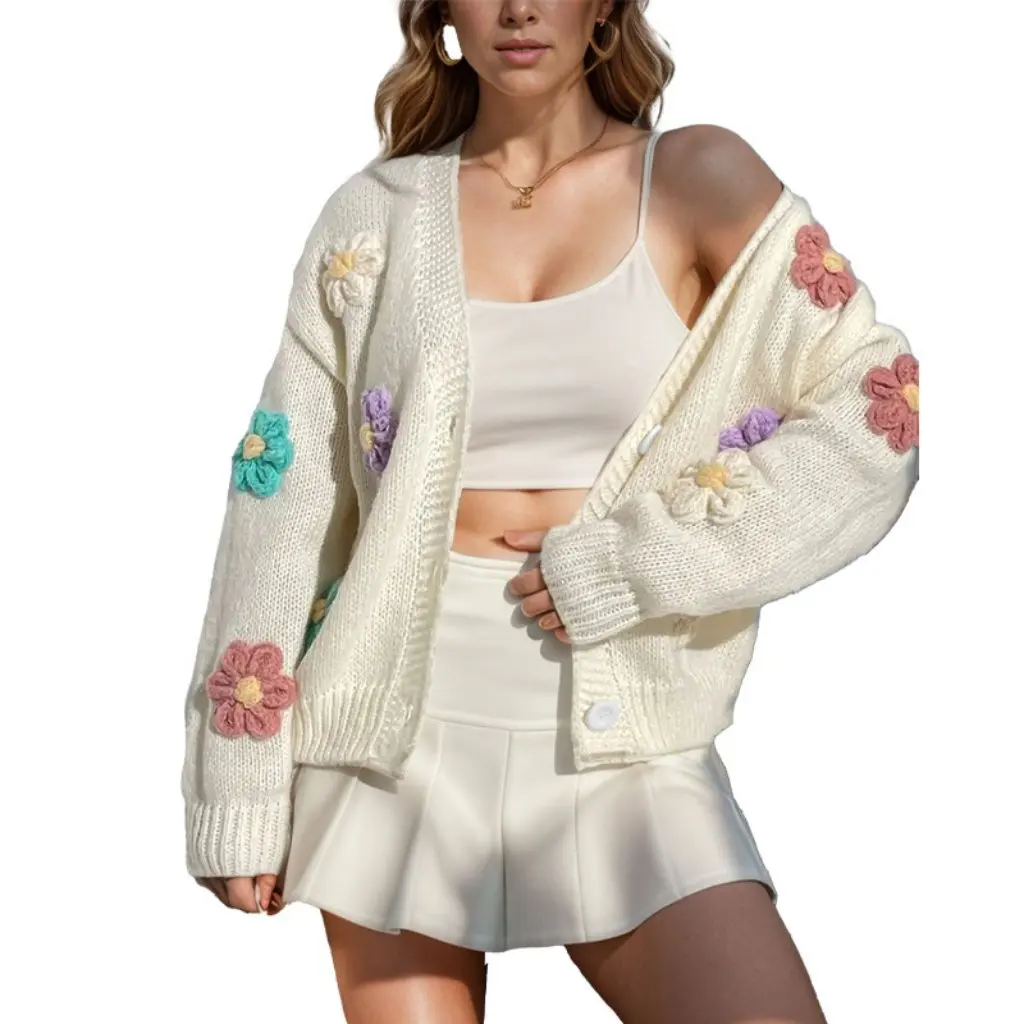 

Floral Buttons Knitted Cardigan Loose Long Sleeve Sweater for Women Lovely Fashionable Top