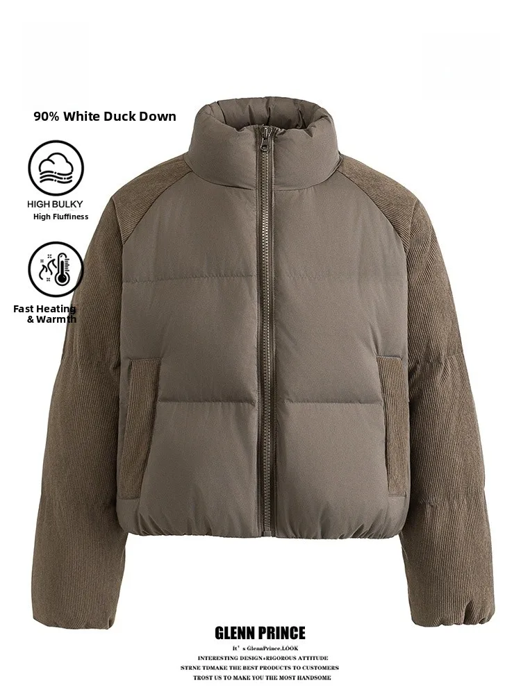 Chaqueta de plumón estilo patchwork retro para mujer, color blanco, plumas de ganso, ropa de abrigo cálida, estilo coreano, novedad de invierno