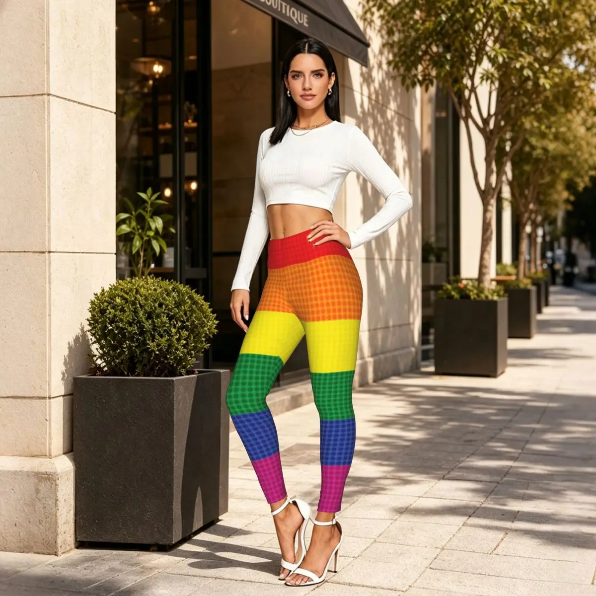 Rainbow With Dot Texture Women Leggings High Waisted Stretch Tights Workout Running Pants