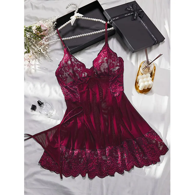 جديد الصيف الرسن ثوب النوم شفافة الأحمر الملابس الداخلية الإناث مثير منامة تول فستان سهرة مريح المرأة بيجامة سلسلة مجموعة