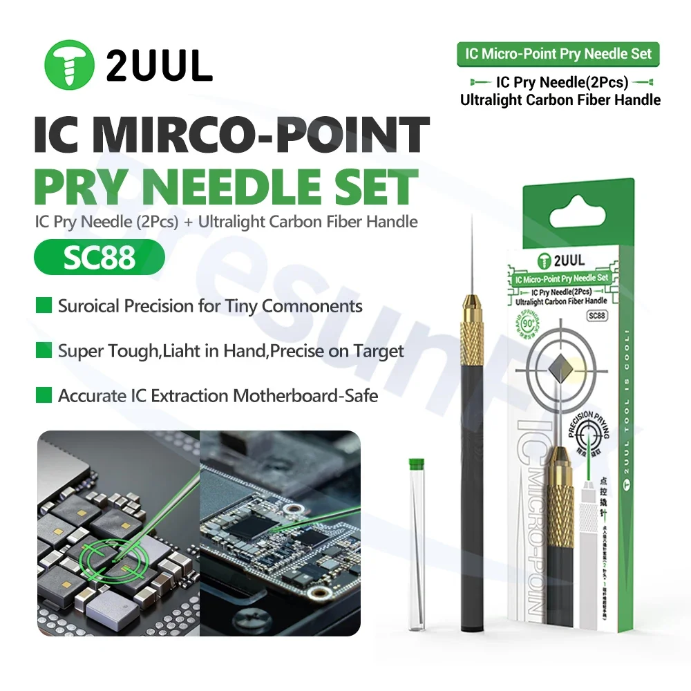 2UUL SC88 Pin-Control Pry Tool Set with 2 Needles + Carbon Fiber Handle for Precise IC Chip Removal in Mobile Phone Repair Tool