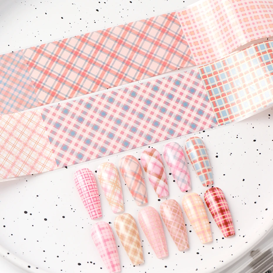 10 pz/scatola Carino Rosa Plaid Unghie Artistiche Lamina di Trasferimento Adesivi Per Unghie Striscia Geometrica Pellicola Lamine Per Unghie Decorazioni Accessori Per Manicure