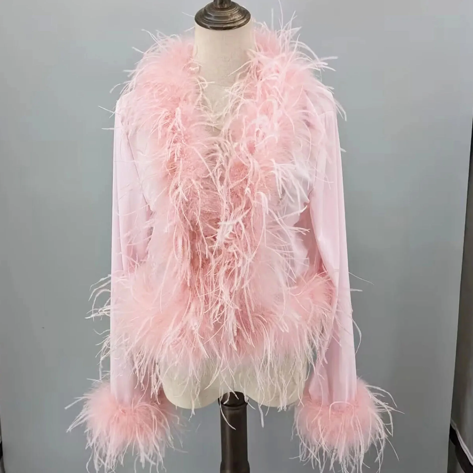 Women See-Through Top with Real Ostrich Feather Brown Black Cropped Jacket Top Bolero 240711