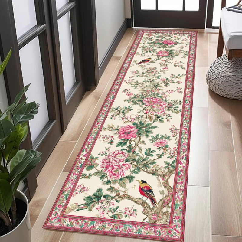 Chinese Peony Red Bird Painting graphics Runner Rug,Hallway,Laundry Room,Sofa Side,Non Slip Runner Rug,Home Decor Present