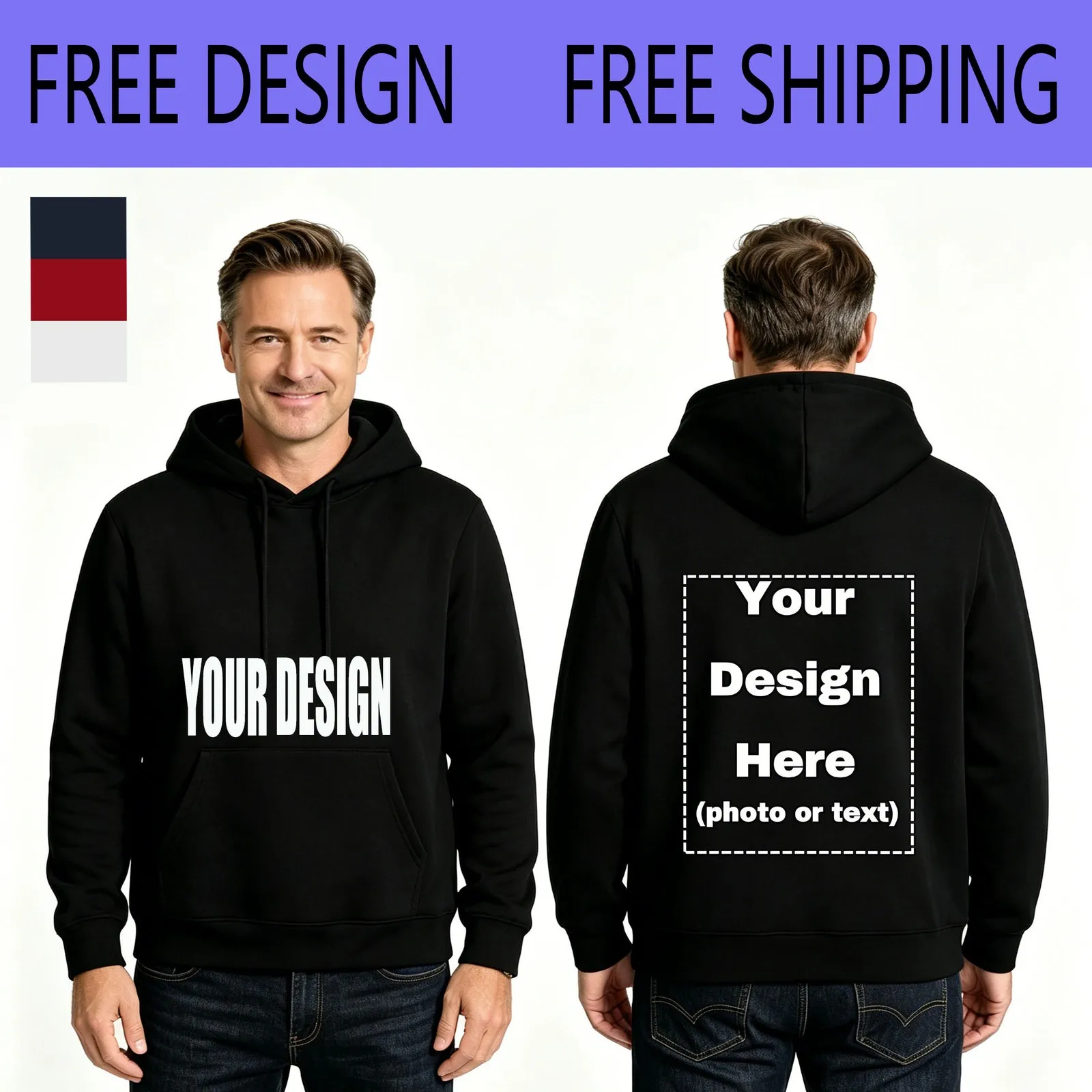 

Custom Personalized Hoodie Upload Your Photo Print Left Chest Front Back Unisex