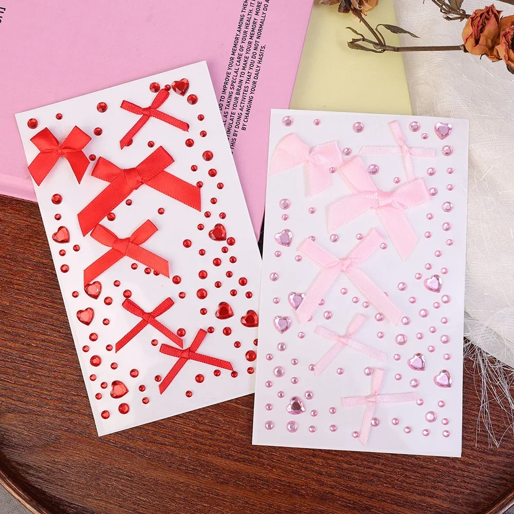 Red Pink Bow Ribbon Acrylic Rhinestone Temporary Tattoos DIY Eyes Face Makeup Sticker Self Adhesive Party Festival Decorate Tool