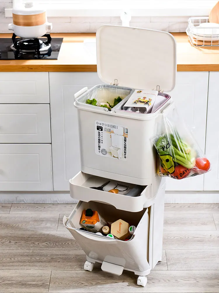 Trash can double dry and wet classification with cover foot pedal creative separation box kitchen food waste trash pedal