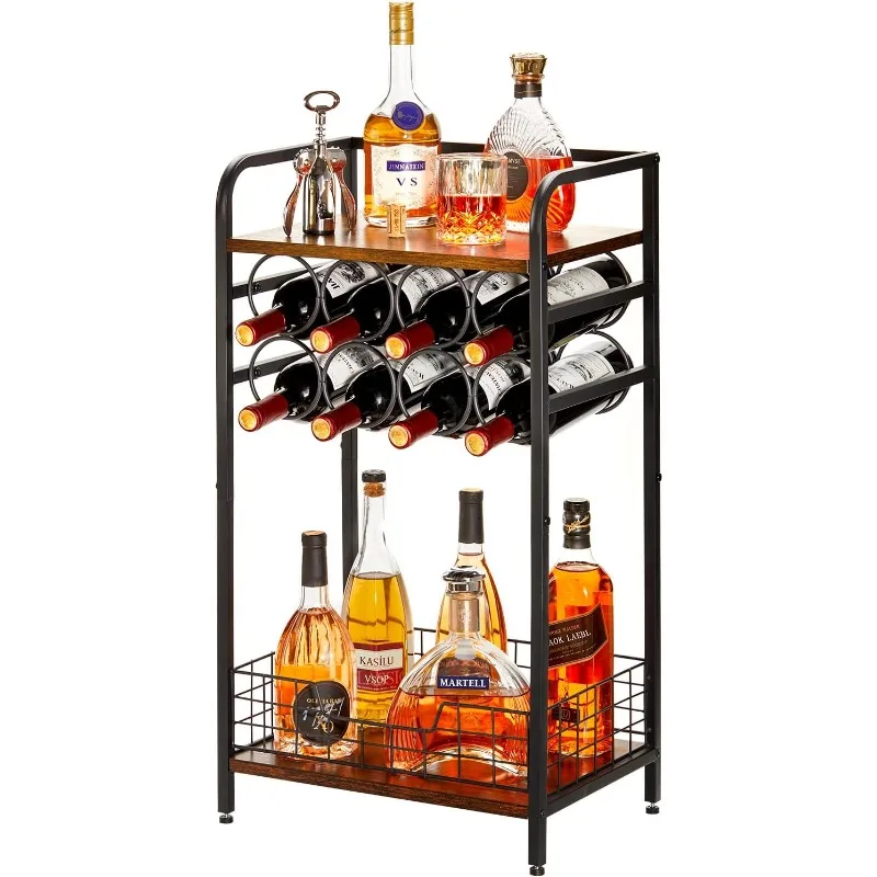 3-Tier Wine Bar Table: Small Liquor Bottle Holder with 8-Bottle Wine Rack Mini Wine Bar Cabinet Corner Whiskey Display Shelf