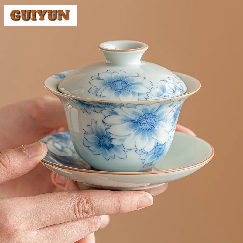 170ml Blue And White Sunny Flower Gaiwan Japanese Non Scalding Three Talented Tea Tureen Tea Making Cover Bowl Cafes Collection