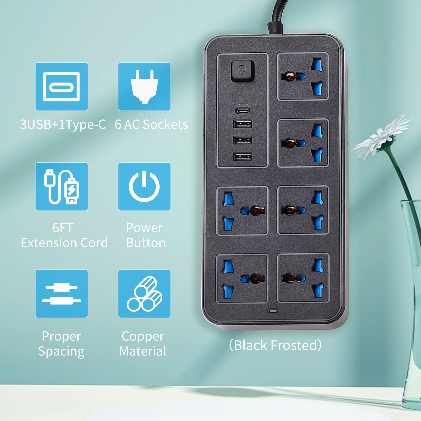 Power Strip With 6 AC Sockets & 3 USB 1 Type C Port 6FT Extension Cord Surge Protector for Home Office Dorm Power Button Safe to