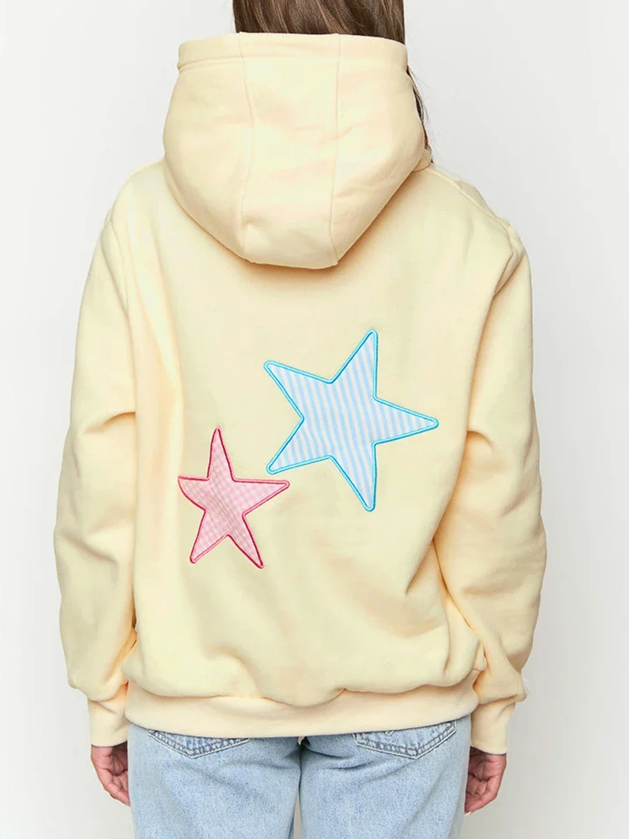 New Fashion Womens Star Embroidery Hoodie Long Sleeve Hooded Sweatshirt With Pocket Casual Pullover Streetwear For Winter Fall