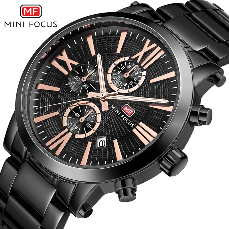 

MINI FOCUS Men's Business Quartz Watches Stainless Steel Chronograph Waterproof Army Wristwatch Man Relogios Clock 0219G Black