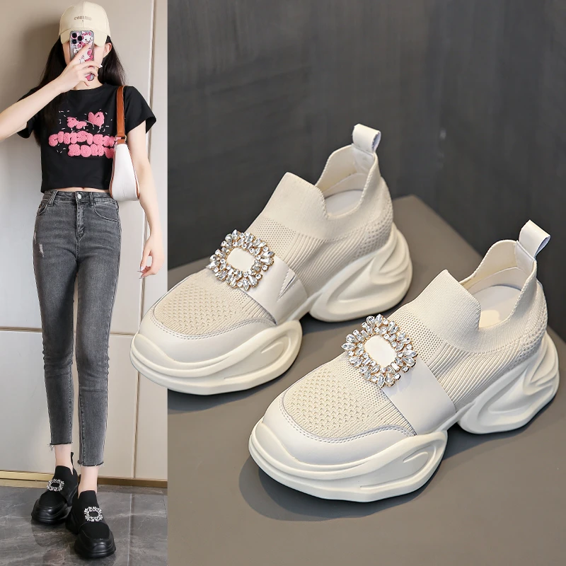 

Женский каблук на внутреннем каблуке, весна-осень Me, дышащая одинарная сетка с бриллиантами Dad oes без шнуровки White oes