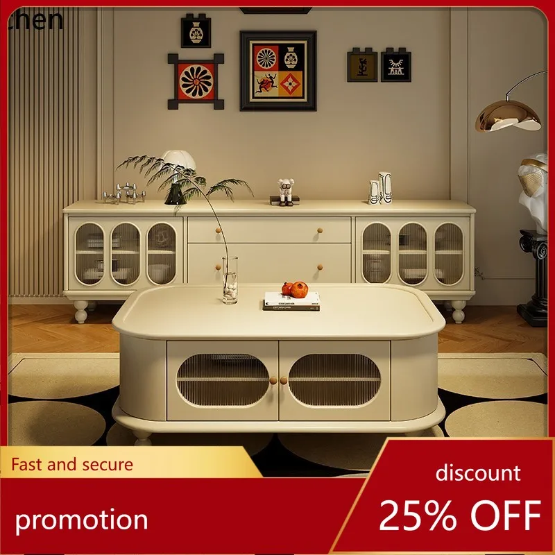 

HXL TV cabinet coffee table combination antique living room video cabinet solid wood storage glass side cabinet