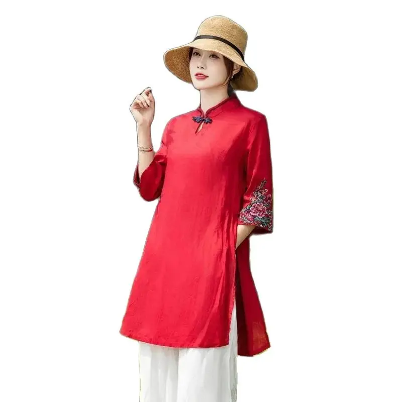 

Spring Summer Mid-Long Shirt Tops Women 2025 New Fashion Loose Leisure Five-Point Sleeve Vintage Embroidery Outerwear Female