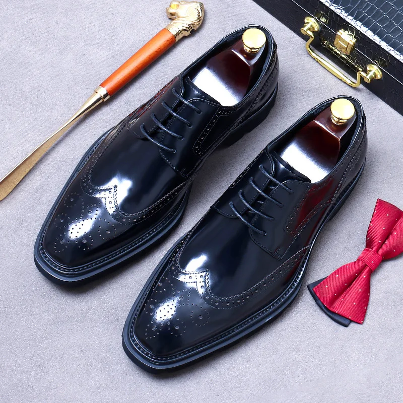 Size 38 To 46 Classic Italian Genuine Leather Men\'s Dress Shoes Black Lace-up Wingtip Oxfords Business Wedding Brogue Suit Shoes