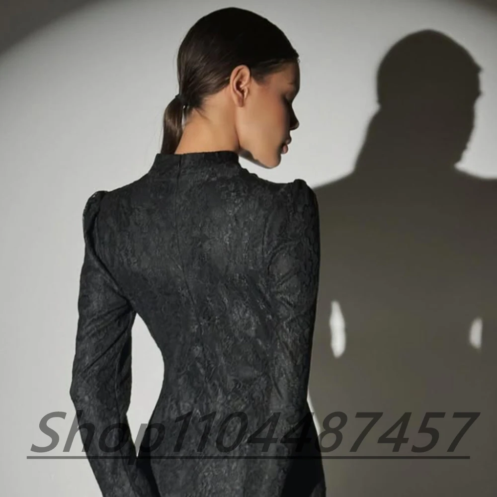 Customized Black Lace High Neck Sheath Formal Evening Dress Simple Full Sleeves Zipper Straight Floor Length Party Prom Gown