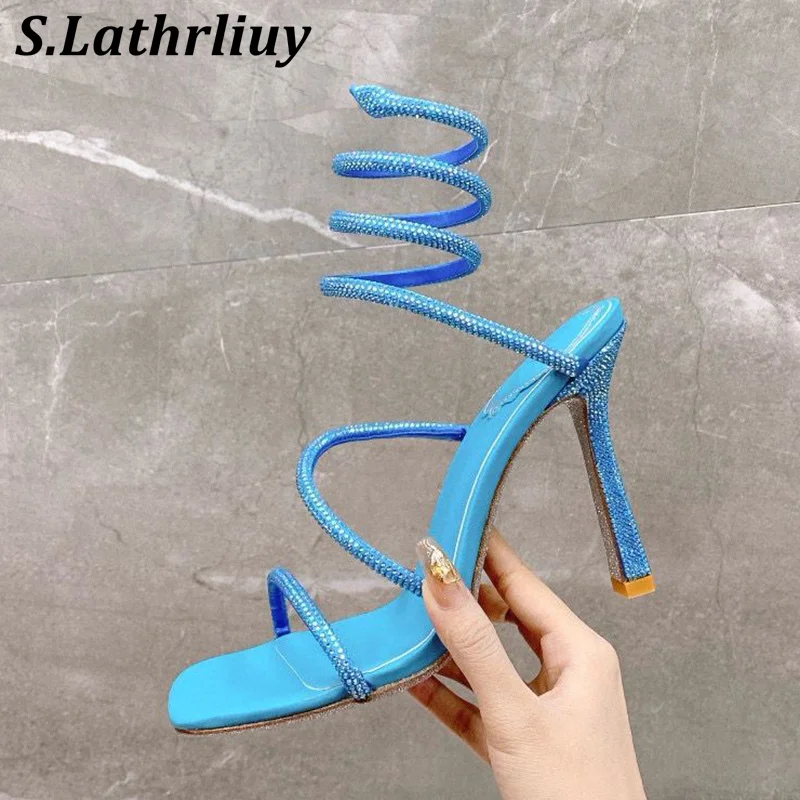 

Summer Bling Rhinestone Shaped Winding Party Shoes Women Elastic Band Thin Heel Sandalia Shiny Sexy Open Toe Gladiator Sandalias