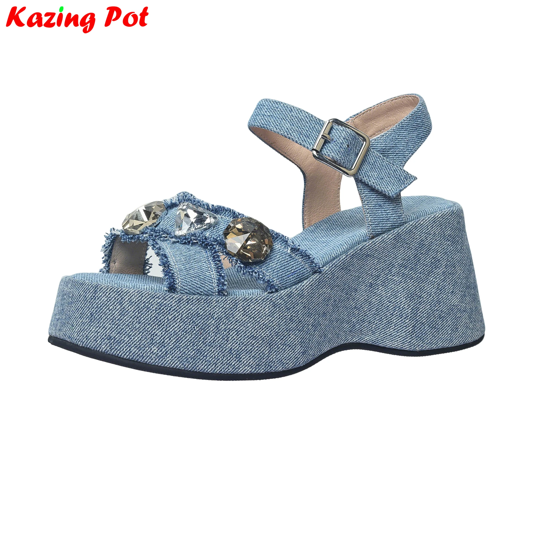 

Krazing Pot Denim Peep Toe Platform High Heels Dating Summer Shoe Slingback Luxury Comfort Rhinestone Sweet Casual Women Sandals