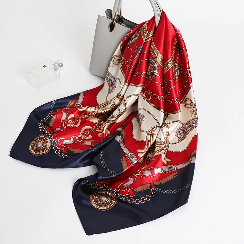 90*90 سنتيمتر مربع الأوشحة الحريرية النساء الحجاب شالات موضة طباعة منديل فام وشاح الرأس Foulard باندانا الشاطئ صوفية
