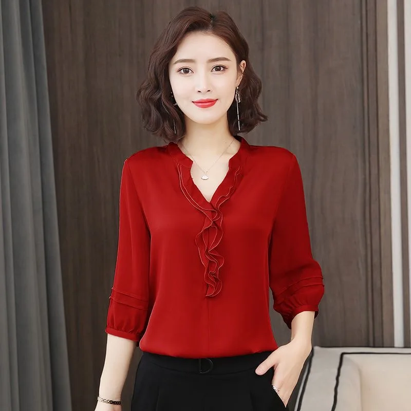 Women Spring Summer Style Blouses Shirts Lady Casual Three Quarter Sleeve V-Neck Ruffles decor Blusas Tops DF3732