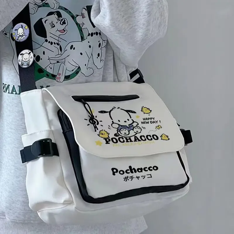 Anime Sanrio Pochacco Kawaii Dog Shoulder Bag Black White Messenger Cartoon With Front Zipper Badges Crossbody birthday gifts