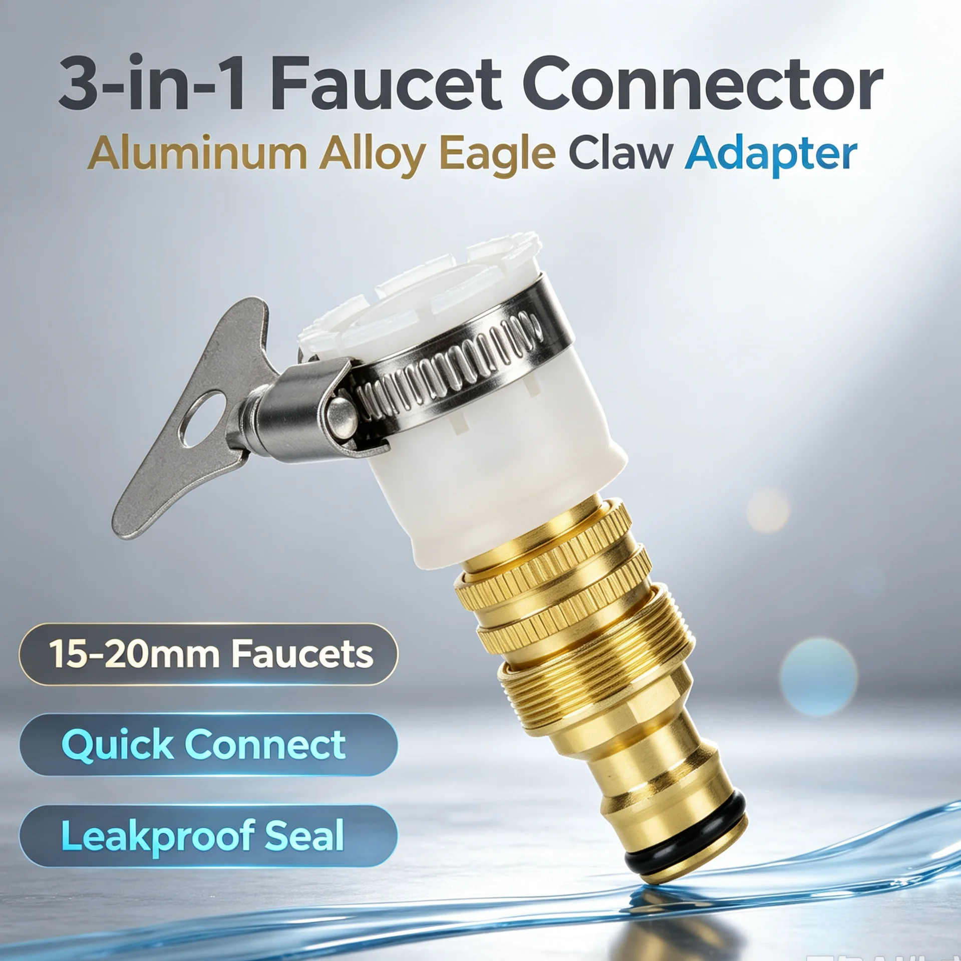 Brass Hose Tap Connector 15‑20mm 3‑In‑1 Multi-Purpose Mixer Tap Adapter, Garden Water Pipe Fitting Kitchen Faucet Adaptor