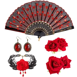 Rose Flower Hair Clip Embroidered Folding Fan Earrings Set Hair Accessories for Women Flamenco Dancer